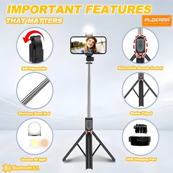 4 in 1 Selfie Stick + Tripod Stand with Light and Wireless Remote - Image 3